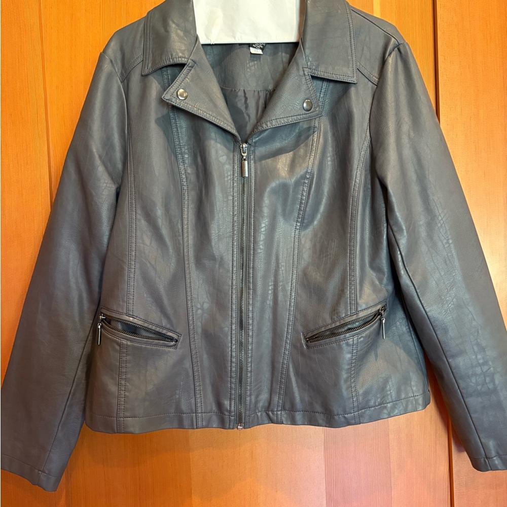 Alfani Gray Leather Jacket Classic Collar Full-Length Zipper